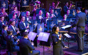 The Royal New Zealand Air Force Band in concert held at the Michael Fowler Centre with Hon. Patsy Reddy and CAF Air Vice-Marshal Andrew Clark in attendance.