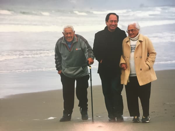 Witi Ihimaera with his father Tom and mother Julia on Waikanae Beach.