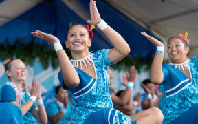 Members of the Massey High School Samoan group perform on stage at ASB Polyfest 2026, celebrating 51 years of the festival.