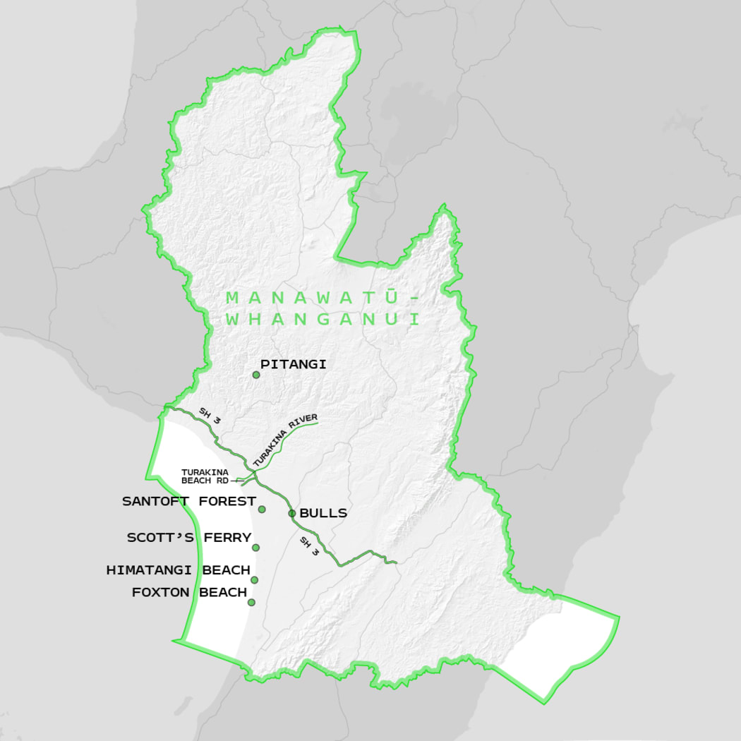 A map of the Manawatu-Whanganui region showing the location of places mentioned in the podcast.
