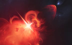 An artist’s impression shows a coronal mass ejection releasing from a star.
Mandatory Credit:	Olena Shmahalo/Callingham et al./ESA via CNN Newsource