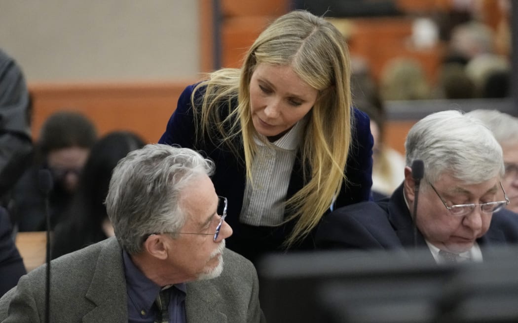 Actor Gwyneth Paltrow speaks with retired optometrist Terry Sanderson after the verdict was read in his $300,000 suit against her over a skiing accident on March 30, 2023, in Park City, Utah. The jury found Sanderson "100 percent" at fault in the mishap that occurred during a run at Deer Valley Resort in Park City, Utah in 2016. Paltrow was awarded the $1 for which she had countersued.