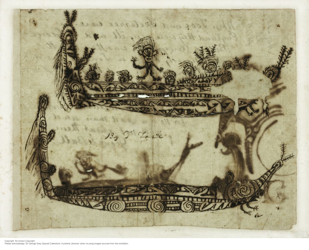 Drawing of waka, among five by Tūai of Ngāre Raumati and Titeree from Rangihaua which will be loaned to the Royal Academy of Arts in London.