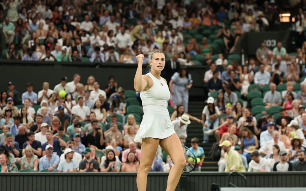Aryna Sabalenka of Belarus reacts as she won the women's singles third-round match against Emma Raducanu of the United Kingdom on day five of the Wimbledon Championships at the All England Lawn Tennis and Croquet Club in London, on Friday, July 4, 2025. ( The Yomiuri Shimbun ) (Photo by Daisuke Urakami / The Yomiuri Shimbun via AFP)