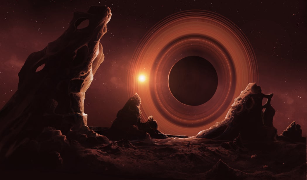 Illustration of the view from an exomoon orbiting a ringed exoplanet in a polar orbit.