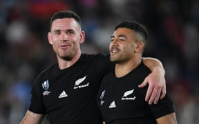 New Zealand's Ryan Crotty with Richie Mo'unga after their 23-13 victory at theRugby World Cup.