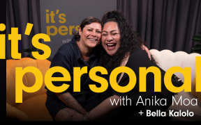 Photo of Anika Moa and guest smiling. They are sitting on the couches where the interview takes place. The podcast title ‘It’s Personal with Anika Moa ’ Is written Plus the guest’s name,