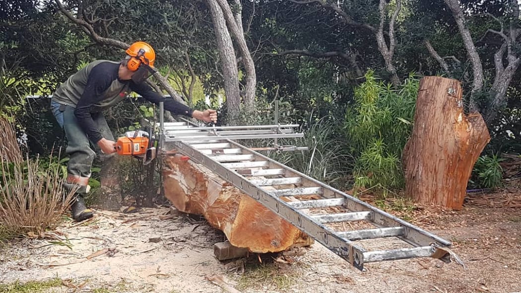 Carver Andy Mardell slabbing totara for a new creation