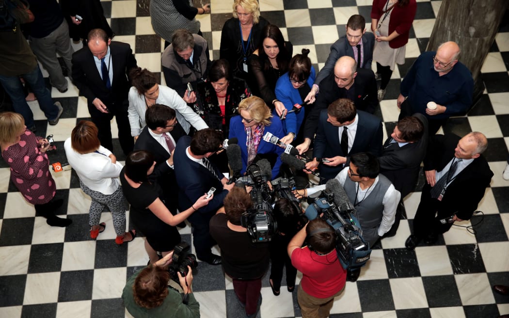 060514. Photo Diego Opatowski / Radio NZ. National MP Judith Collins questioned by the press on the way to the debating chamber, Parliament.