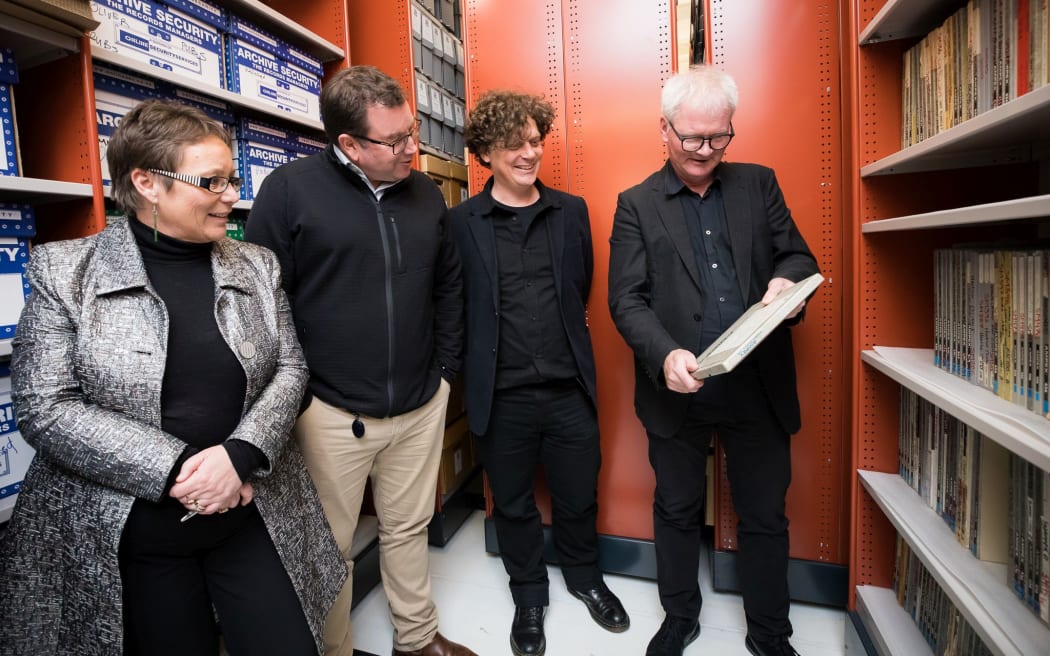 Minister for Internal Affairs Tracey Martin, Associate Minister for Culture and Heritage Grant Robertson, Ben Howe, co-director of Flying Nun. Records, and Roger Shepherd, co-director of Flying Nun Records.