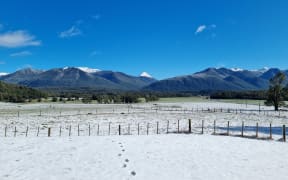 Snow at Lewis Pass, viewed from Lewis Pass Motels, 9 August 2021.