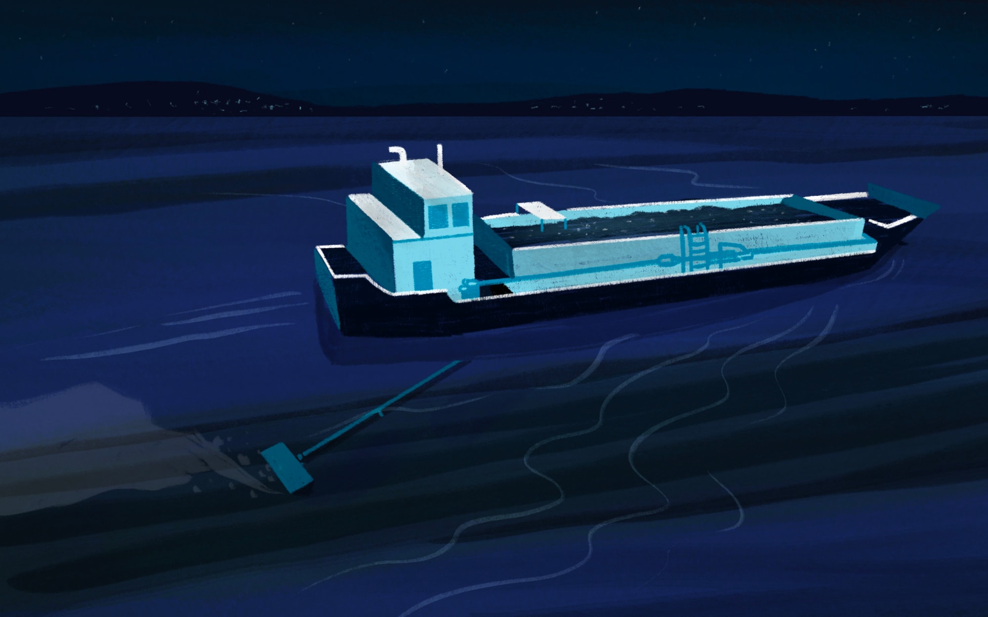 Stylised illustration of sand dredge ship operating at night near coast line