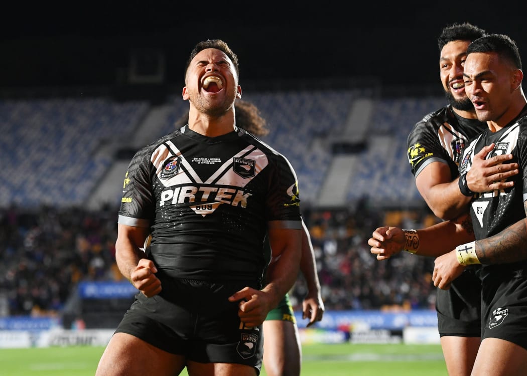 Esan Marsters celebrates his try.