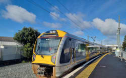 A train stands at Penrose station as services were suspended due to a large fire on James Fletcher Drive in South Auckland.