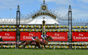 Jockey Corey Brown wins the 2017 Melbourne Cup on Rekindling