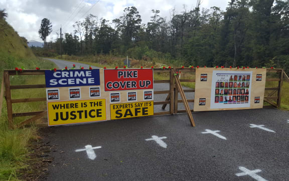 A makeshift checkpoint set up on the road to Pike River Mine by some of the families of the 29 men who died.