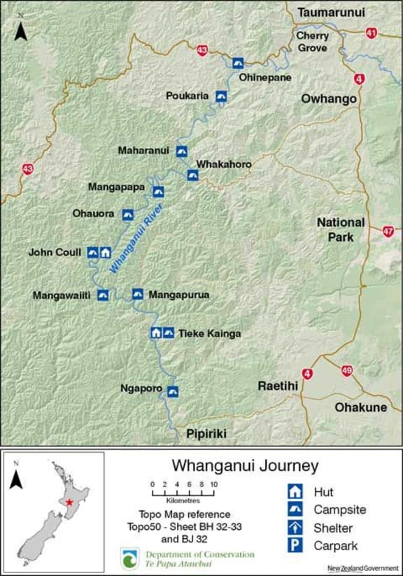 Whanganui River map of DoC campsites and huts.
