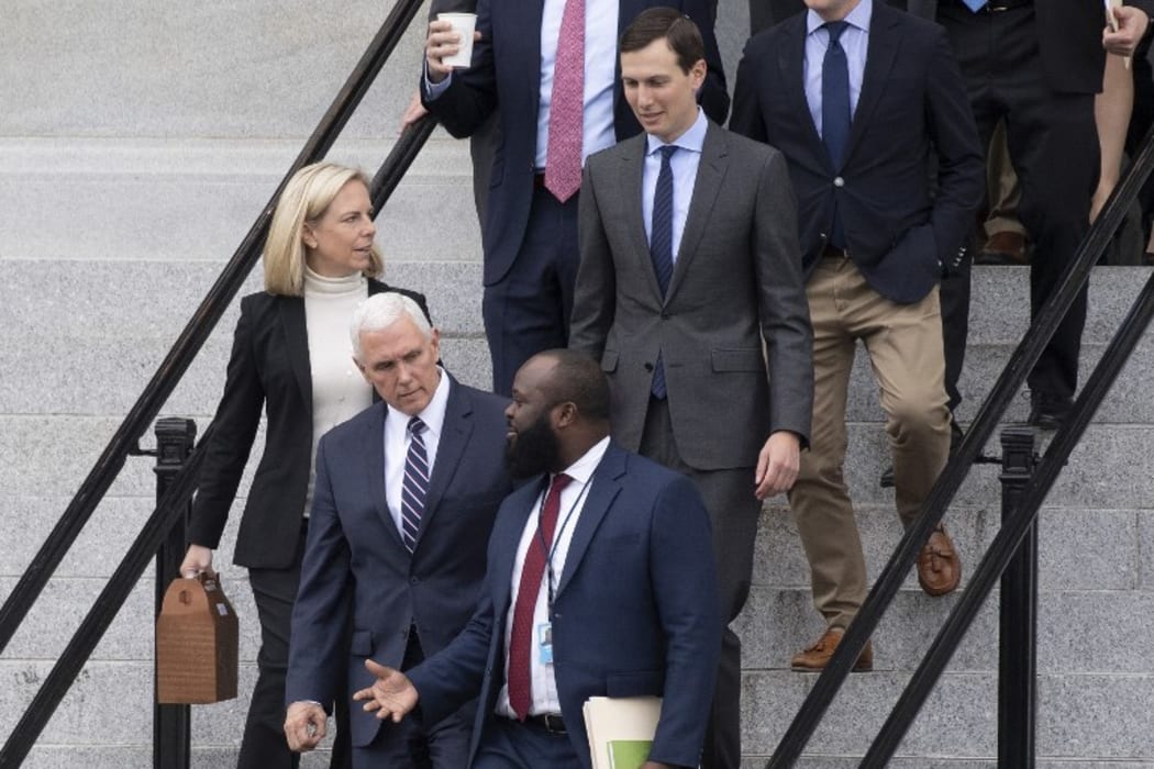 US Vice President Mike Pence (2nd L), White House Senior Adviser Jared Kushner (C) and Secretary of Homeland Security Kirstjen Nielsen (L) on January 5, 2019 in Washington, DC, after a meeting  on the government shutdown. AFP