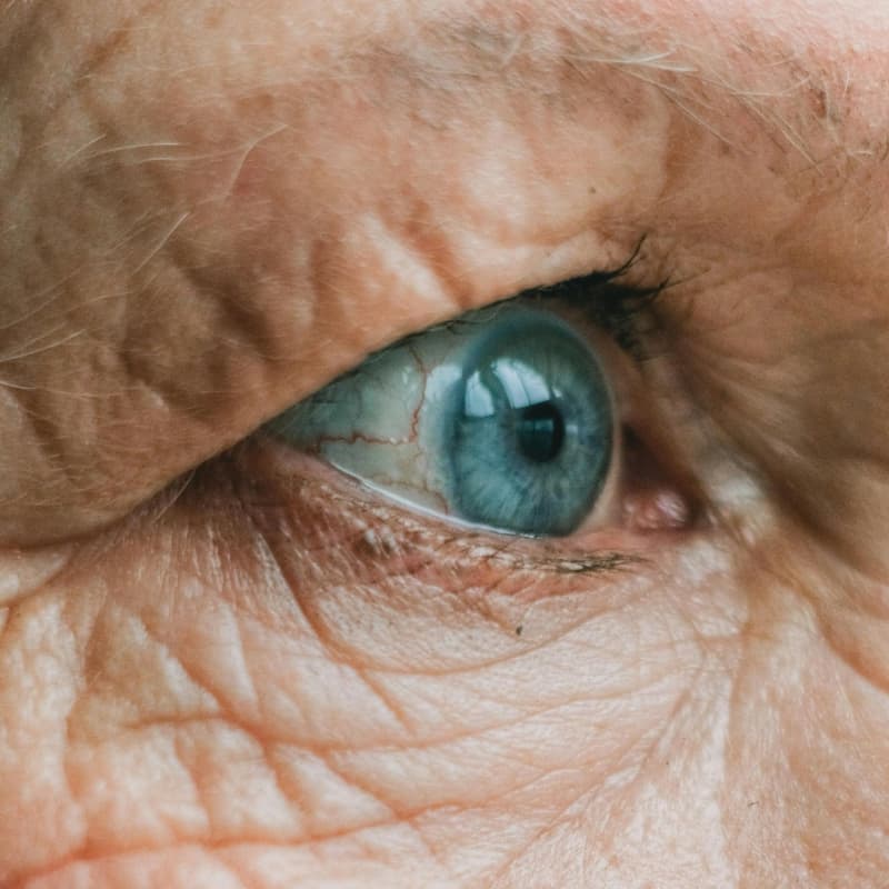 Close up of an elderly woman's blue eye
