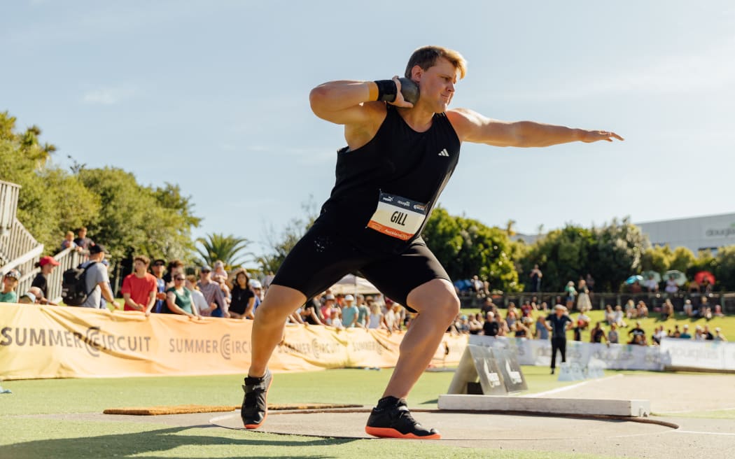 Jacko Gill on his way to winning the shotput title at the Sir Graeme Douglas International meet in Auckland, 9 February 2025.