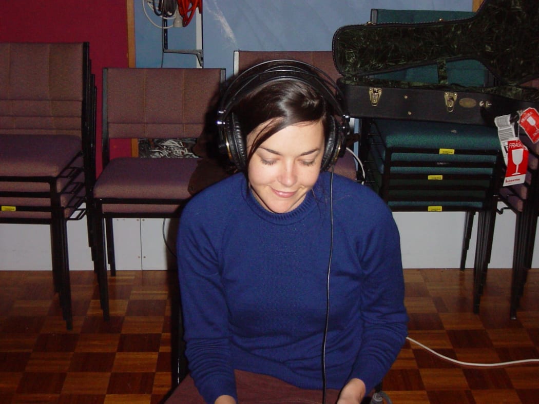 Heather Mansfield of The Brunettes preparing for a live performance with Dimmer at RNZ's Helen Young Studio