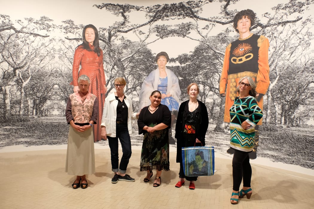 Kim Hill, Miranda Harcourt, Dr Ella Henry, Jacqueline Fahey, Dr Claire Robinson, in front of Cindy Sherman's work.