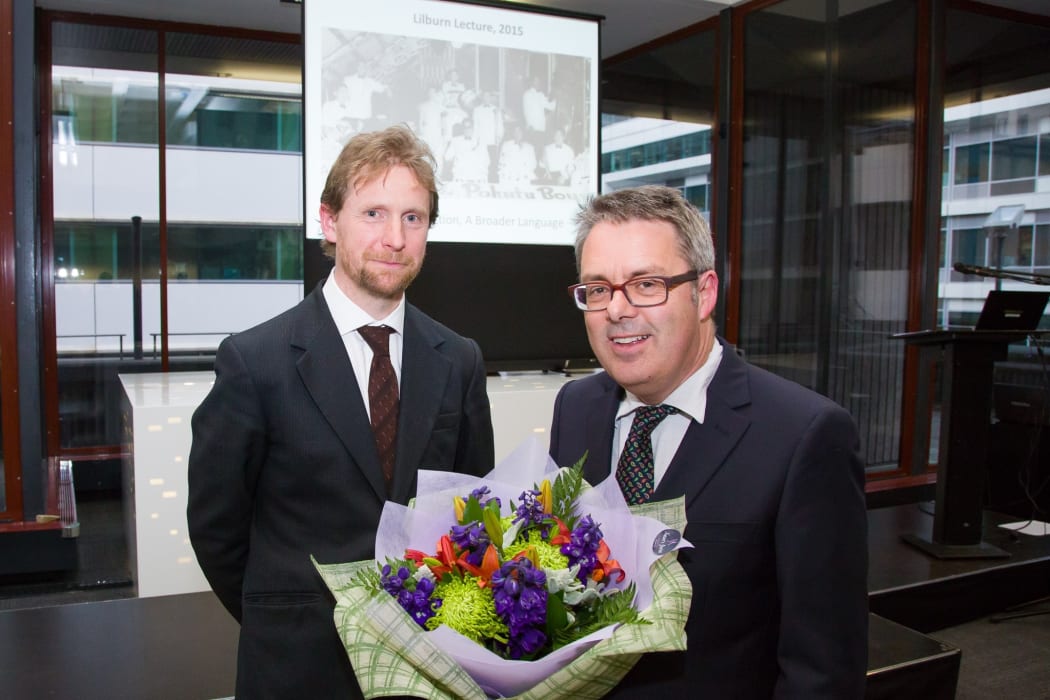 Alexander Turnbull Library Music Curator Michael Brown with music historian Chris Bourke