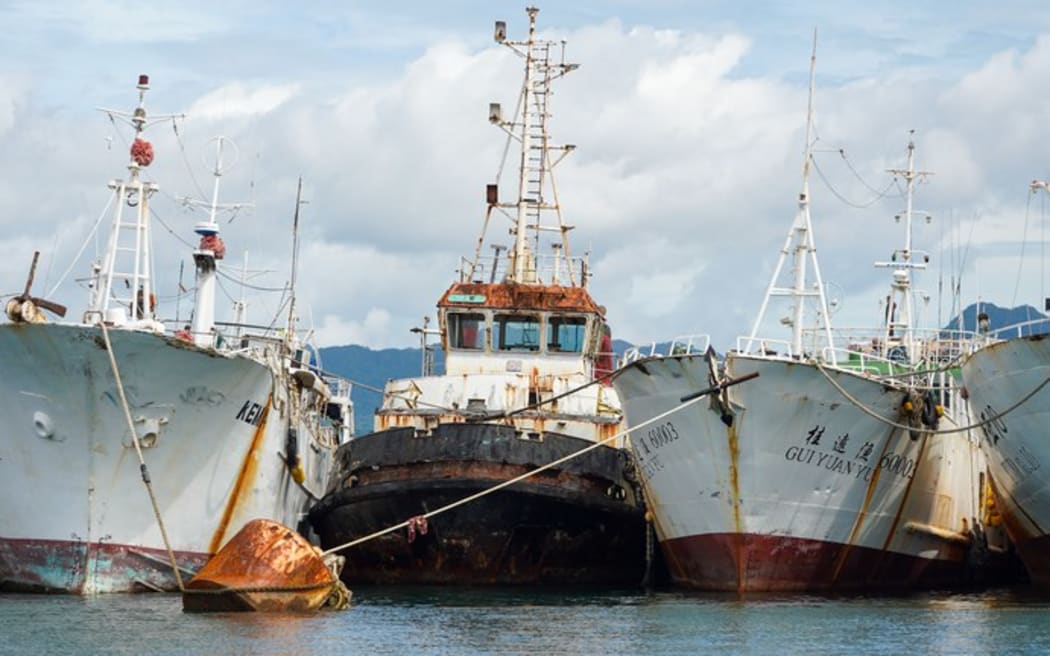 One of the clusters of derelict fishing boats in Suva harbor. Pictured on Feb 14, 2025. (Harry Pearl/Benar News)