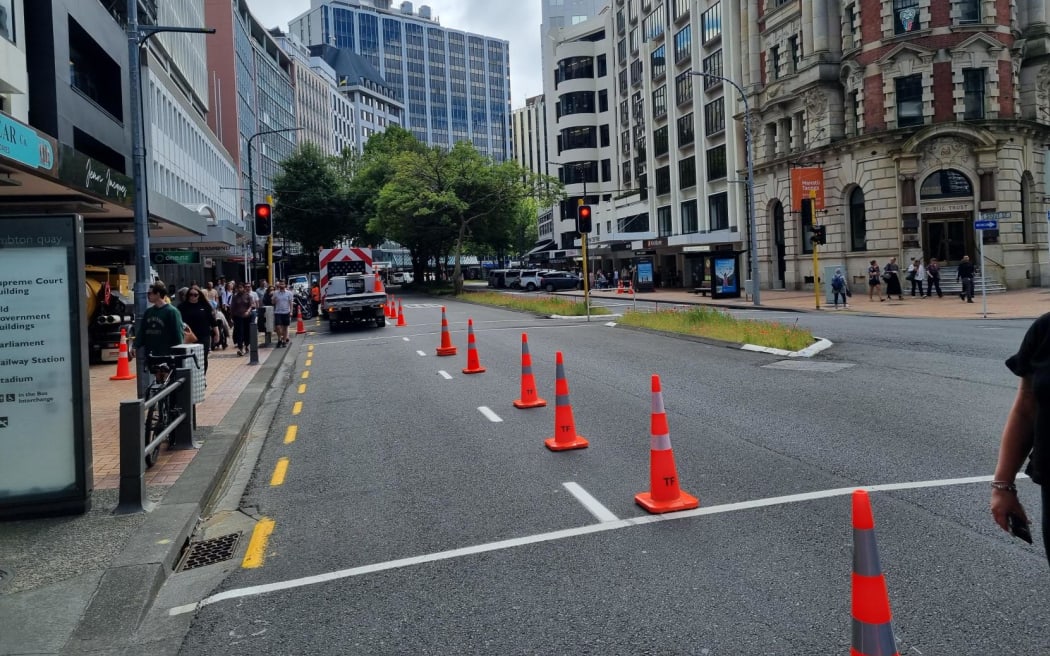 Wellington Water repair crew at Lambton Quay after a pipe burst on 16 February, 2024.