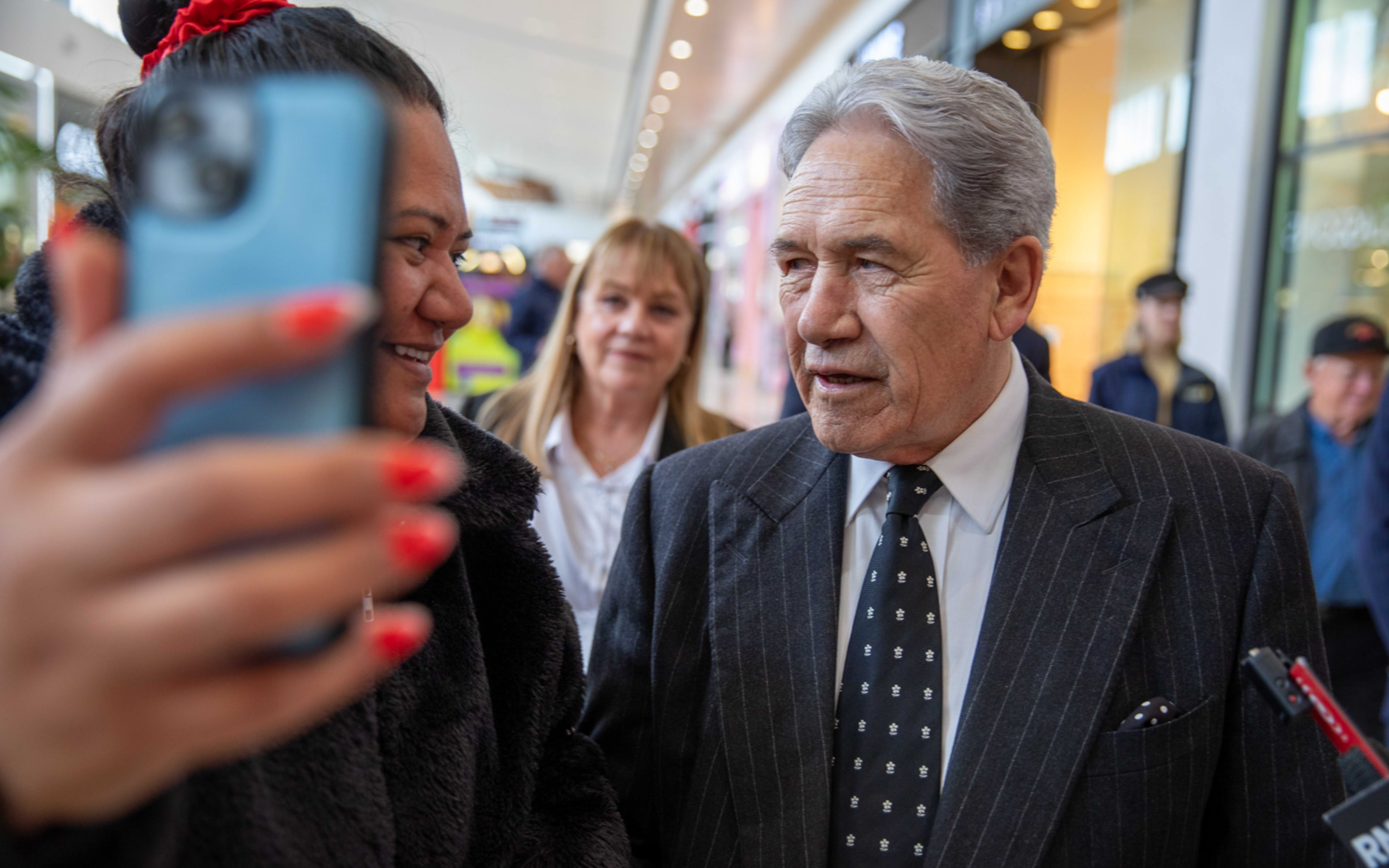New Zealand First leader Winston Peters campaigning at Albany Mall in Auckland on 6 October 2026.