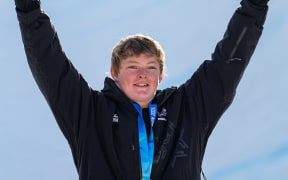Gold medallist Luke Harrold of New Zealand celebrates on the podium during the Medal Ceremony of the Freestyle Skiing Men’s Freeski Halfpipe at the Winter Youth Olympic Games, South Korea, 2024.