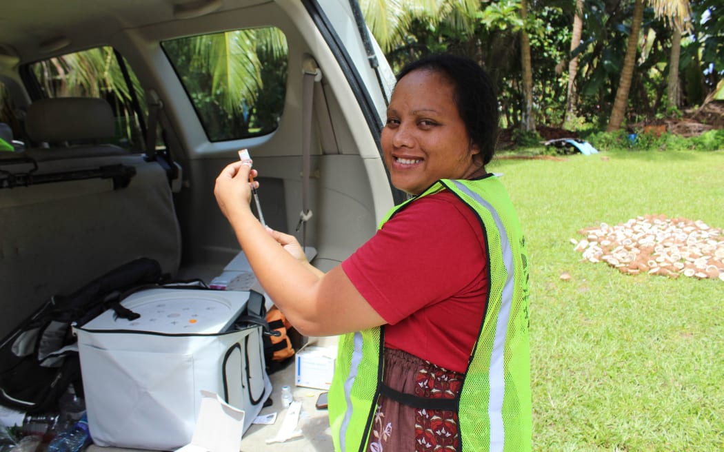 Public Health nurse Shimiko Thomas prepares a Covid vaccine during a community outreach program in a rural community on Majuro earlier in the week.