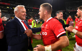 Wayne Pivac and Gareth Anscombe of Wales celebrates at the end of the game.