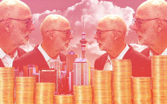 Wayne Brown looking over Auckland CBD with stacks of coins in foreground