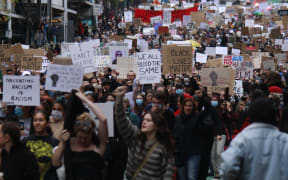 Protesters on Queen Street, Auckland, during the George Floyd / Black Lives Matter Auckland march on 1 June.