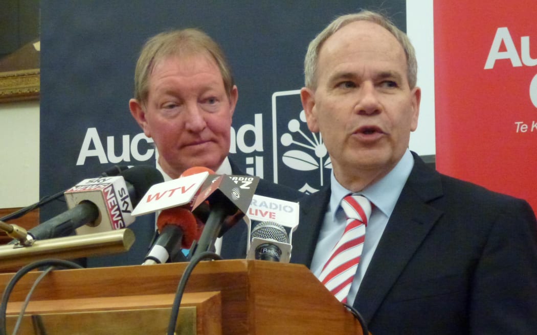 Housing Minister Nick Smith (left) and Auckland Mayor Len Brown announcing the special housing areas.
