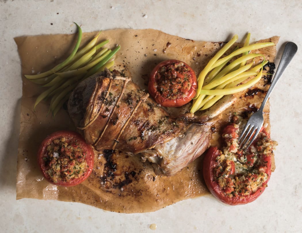 Summer Leg of Lamb & Roasted Stuffed Tomatoes with Butter Beans