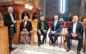 Nelson Cathedral Dean Graham O’Brien, Labour MP Rachel Boyack, Green Party Candidate Jace Hobbs, National Party candidate Blair Cameron and ACT MP Chris Bailie.