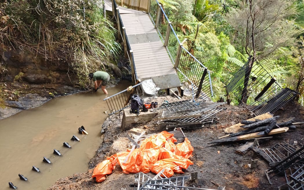 The bridge that crossed the falls was damaged by the fire.