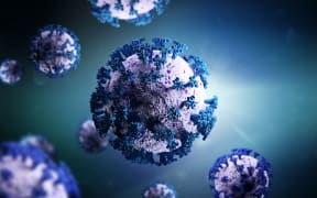 Biology and science. Covid-19. Microscopic close-up of the covid-19 virus. Coronavirus illness spreading in body cell. Global pandemic disease. 3D Render.