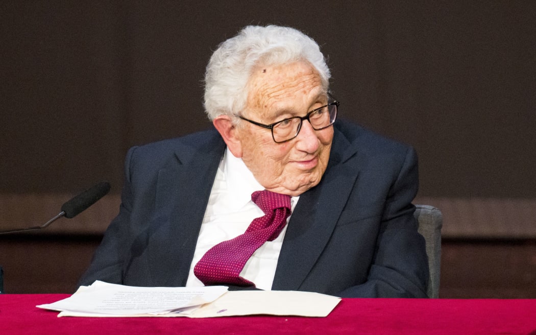20 June 2023, Bavaria, Fürth: Henry Kissinger, former U.S. Secretary of State, sits on stage at the celebration of his 100th birthday. Fürth, the birthplace of ex-US Secretary of State Kissinger, is holding a celebration to mark the 100th birthday of its honorary citizen. Photo: Daniel Vogl/dpa (Photo by Daniel Vogl / DPA / dpa Picture-Alliance via AFP)