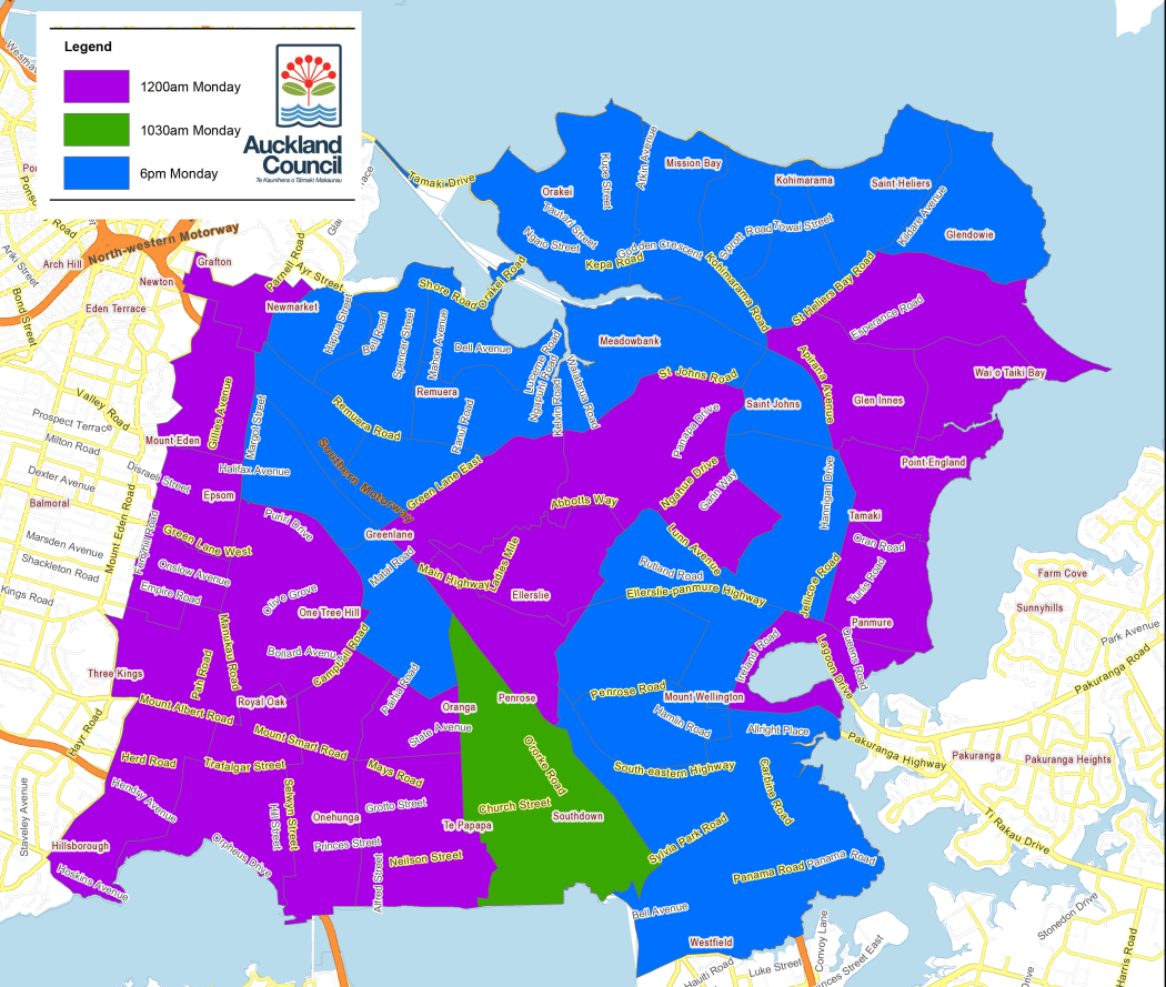 A map of when power is expected to be restored in Auckland suburbs.