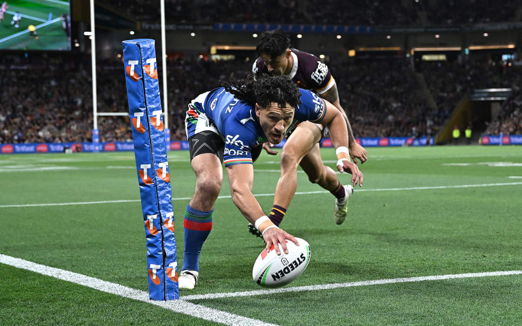 Dallin Watene-Zelezniak scores a try during the NRL preliminary final against the Brisbane Broncos at Suncorp Stadium in Brisbane.
