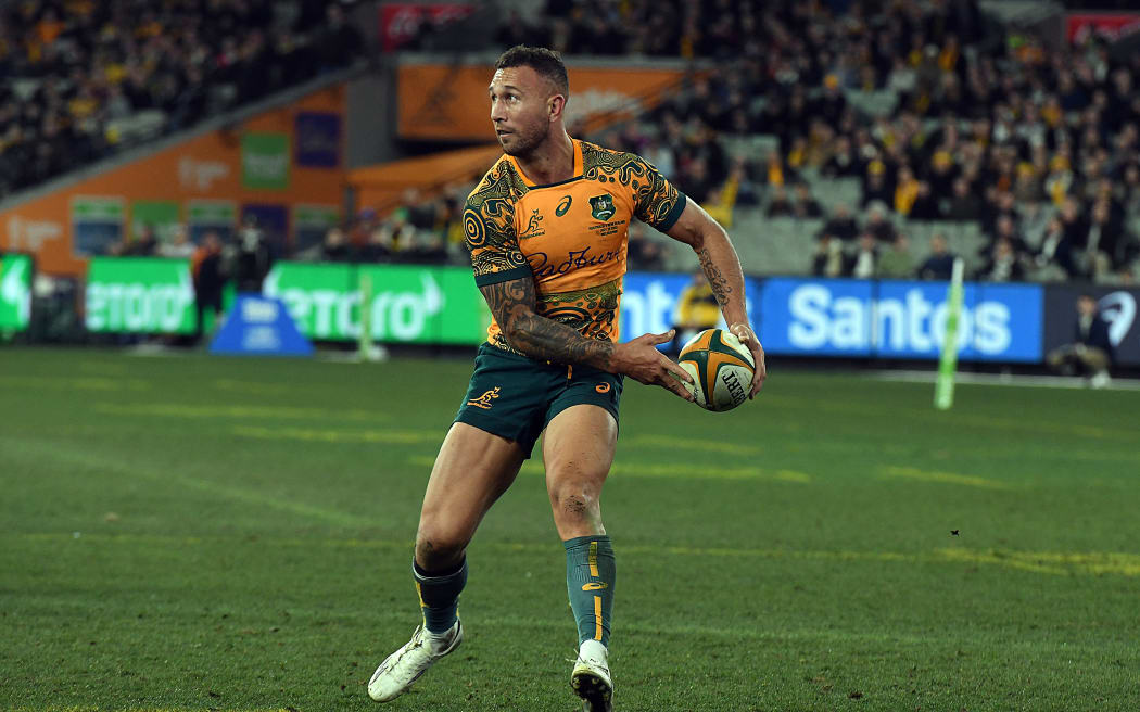 Wallabies Quade Cooper in action during the Rugby Championship between Wallabies and All Blacks at the Melbourne Cricket Ground, 2023.