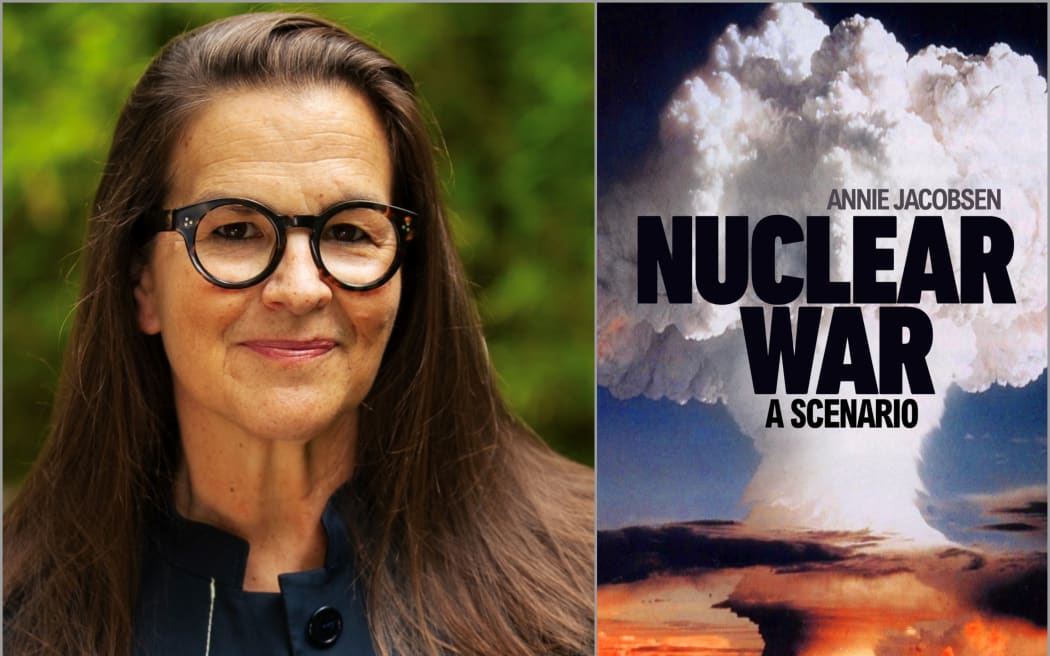 An image of Annie Jacobsen and the cover of her book Nuclear War: A Scenario.