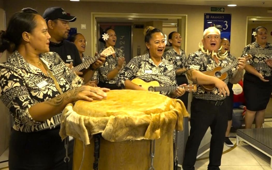 Floating Olympic village Aranui Crew welcomes arriving surfing competitors on board