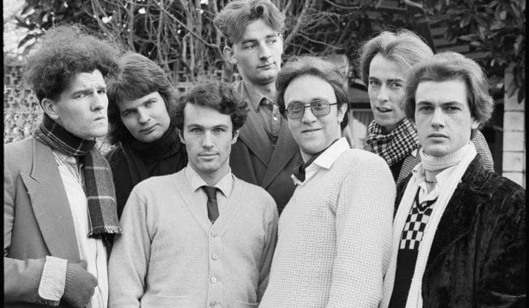 SPLIT ENZ in 1975. In front, Tim Finn, left, Mike Chunn, Wally Wilkinson, and Phil Judd. Back row: Emlyn Crowther, left, Noel Crombie, and Eddie Rayner.