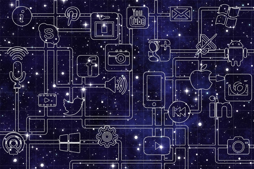 starry sky overlaid with social media icons and connecting arrows