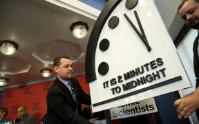 The Bulletin of the Atomic Scientists unveil the 2018 "Doomsday Clock" January 25, 2018 in Washington, DC.