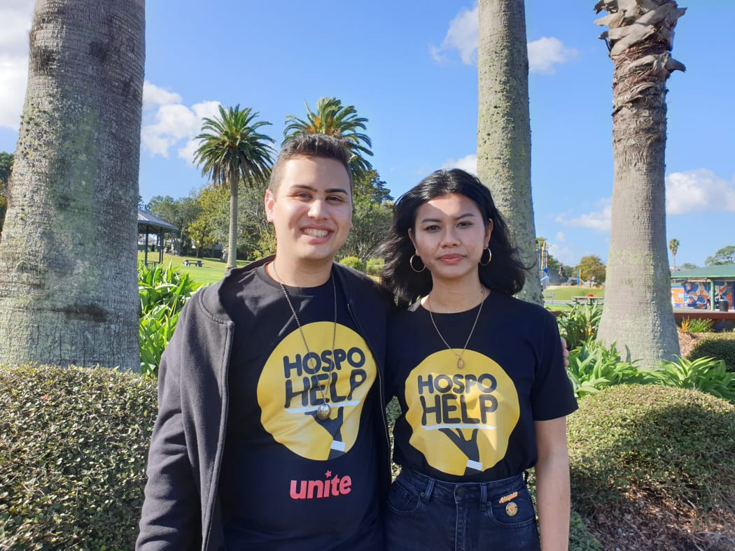 Unite Union co-president Xavier Walsh and volunteer Kantima La Ong. Both work in hospitality industry.